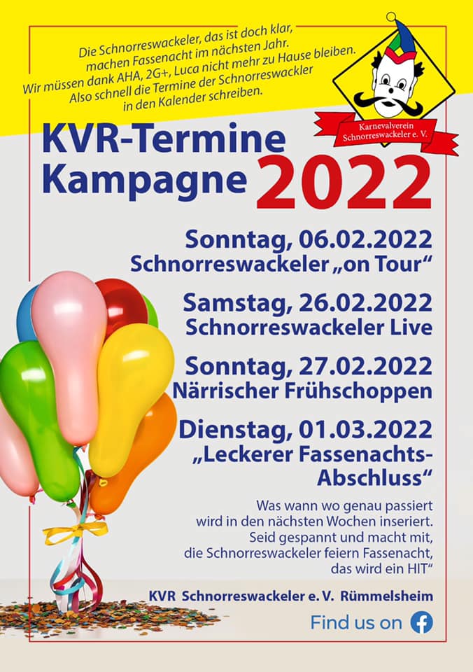 Fastnachtstermine 2022 des Karnevalvereins Schnorreswackeler e.V. Rümmelsheim